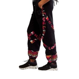 Free People Black Joggers with Red and Pink Geometric Accents